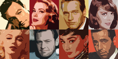 Top left to right: Gene Kelly, Grace Kelly, Paul Newman, Natalie Wood;  bottom left to right: Marilyn Monroe, William Holden, Audrey Hepburn, Humphrey Bogart